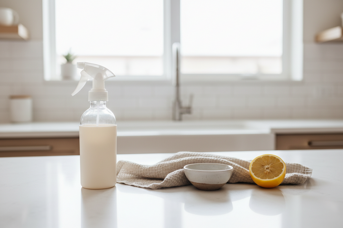 Clear glass spray bottle with silicone sleeve on white quartz countertop next to folded linen cloth and cut lemon — DIY Non-Toxic All-Purpose Cleaner — BodyWell1