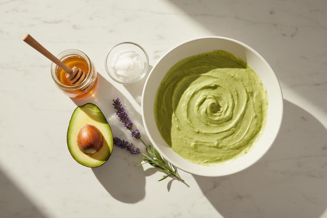 Flat lay of DIY deep conditioner ingredients on white marble — halved avocado, raw honey with wooden dipper, coconut oil, and fresh lavender beside a bowl of creamy green hair mask.