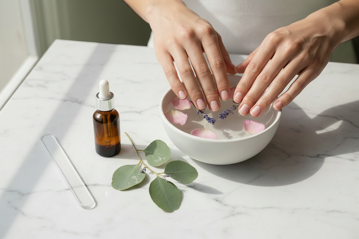 `Woman soaking fingertips in a white ceramic bowl with rose petals and lavender — DIY clean nail soak with amber essential oil bottle and glass nail file on white marble`