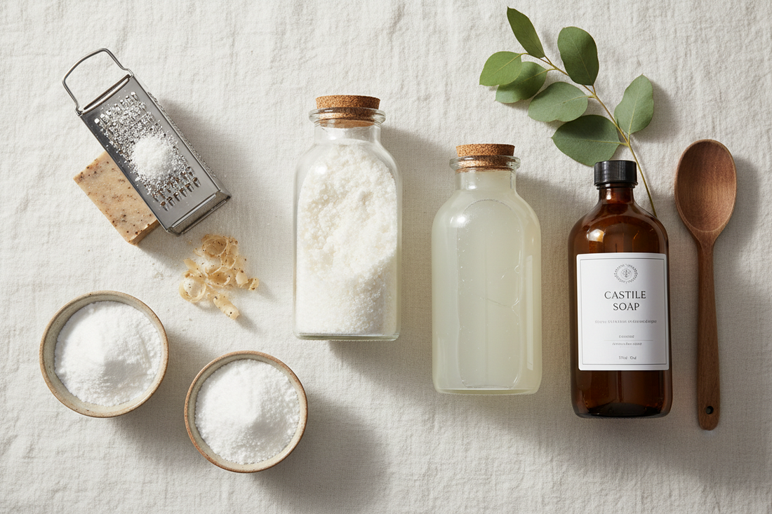 Flat lay of homemade non-toxic laundry detergent ingredients including castile soap, baking soda, washing soda, and glass jars on white linen — DIY clean laundry recipes by BodyWell1