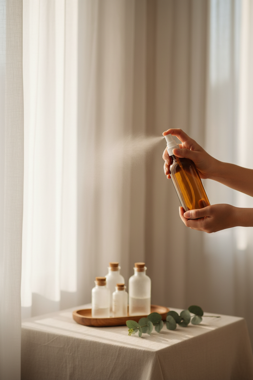 Hands misting a linen-draped room with an amber glass spray bottle surrounded by essential oils and eucalyptus on a wooden tray