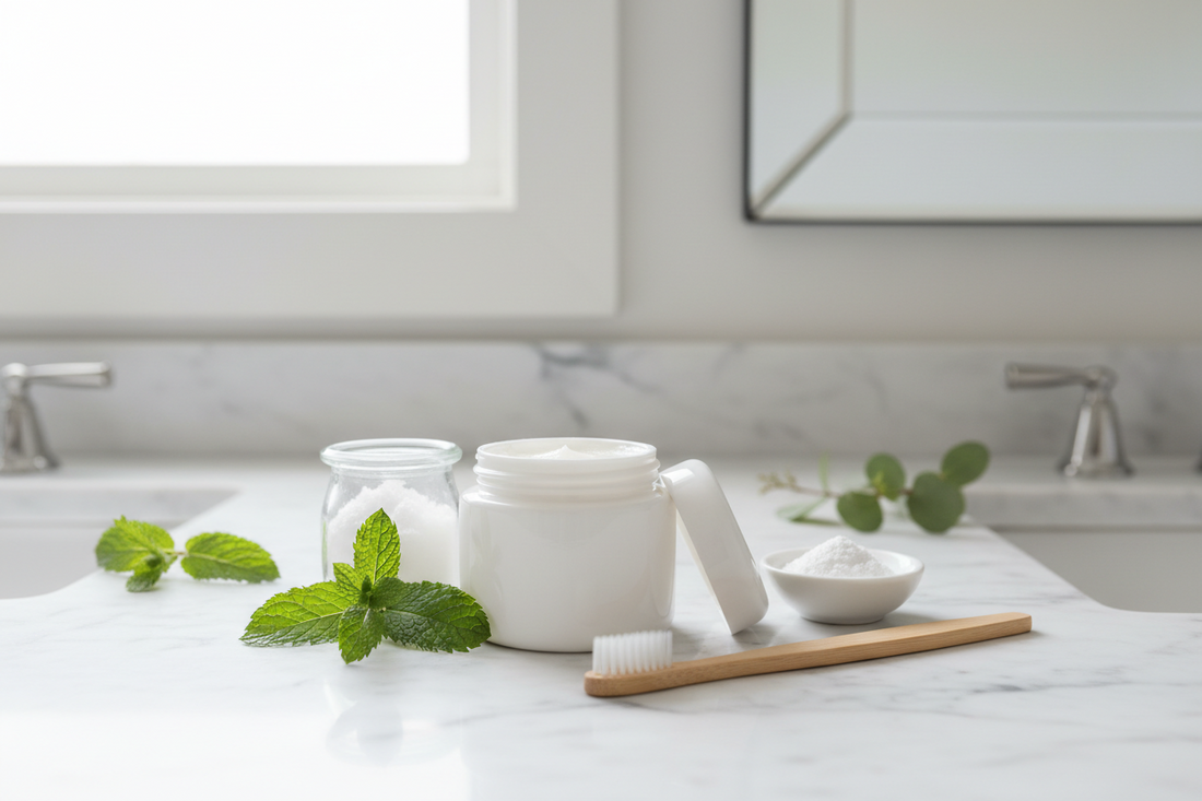 DIY non-toxic toothpaste ingredients flat lay — coconut oil, baking soda, peppermint essential oil, and xylitol on white marble — BodyWell1