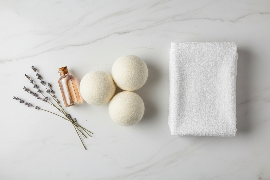 Flat lay of wool dryer balls, lavender essential oil, dried lavender sprigs, and a folded white towel on white marble — natural non-toxic alternatives to dryer sheets — BodyWell1