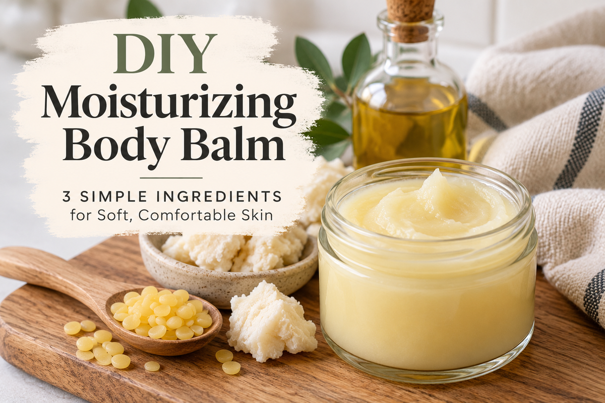 Homemade body balm in a glass jar with shea butter, jojoba oil, and beeswax.