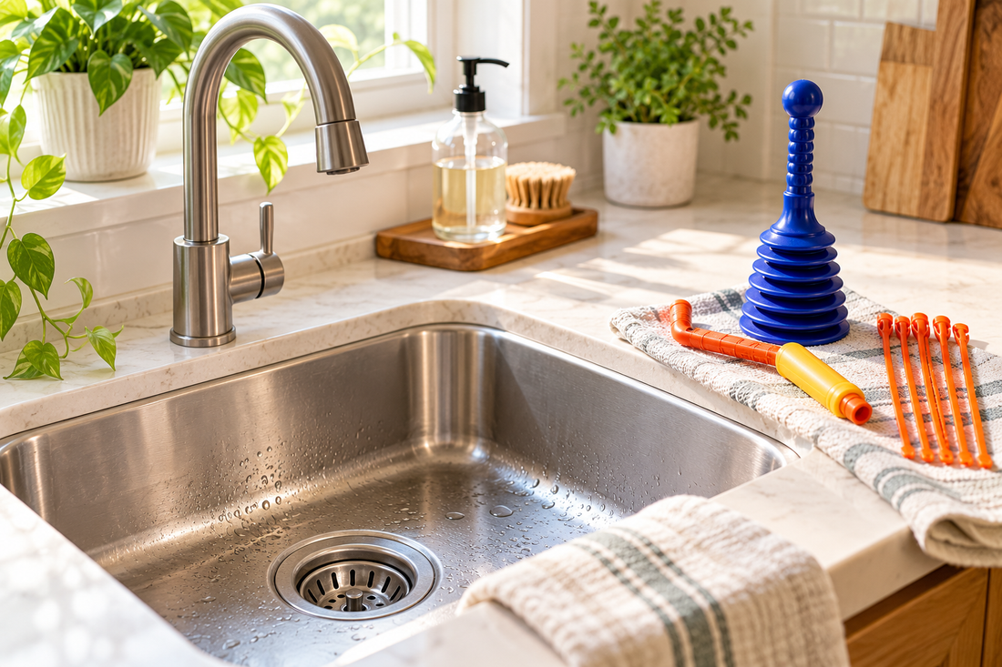 Bright, sunlit kitchen sink with a stainless steel faucet, drain snake, and blue sink plunger, illustrating ways to unclog drains without harsh chemical cleaners.