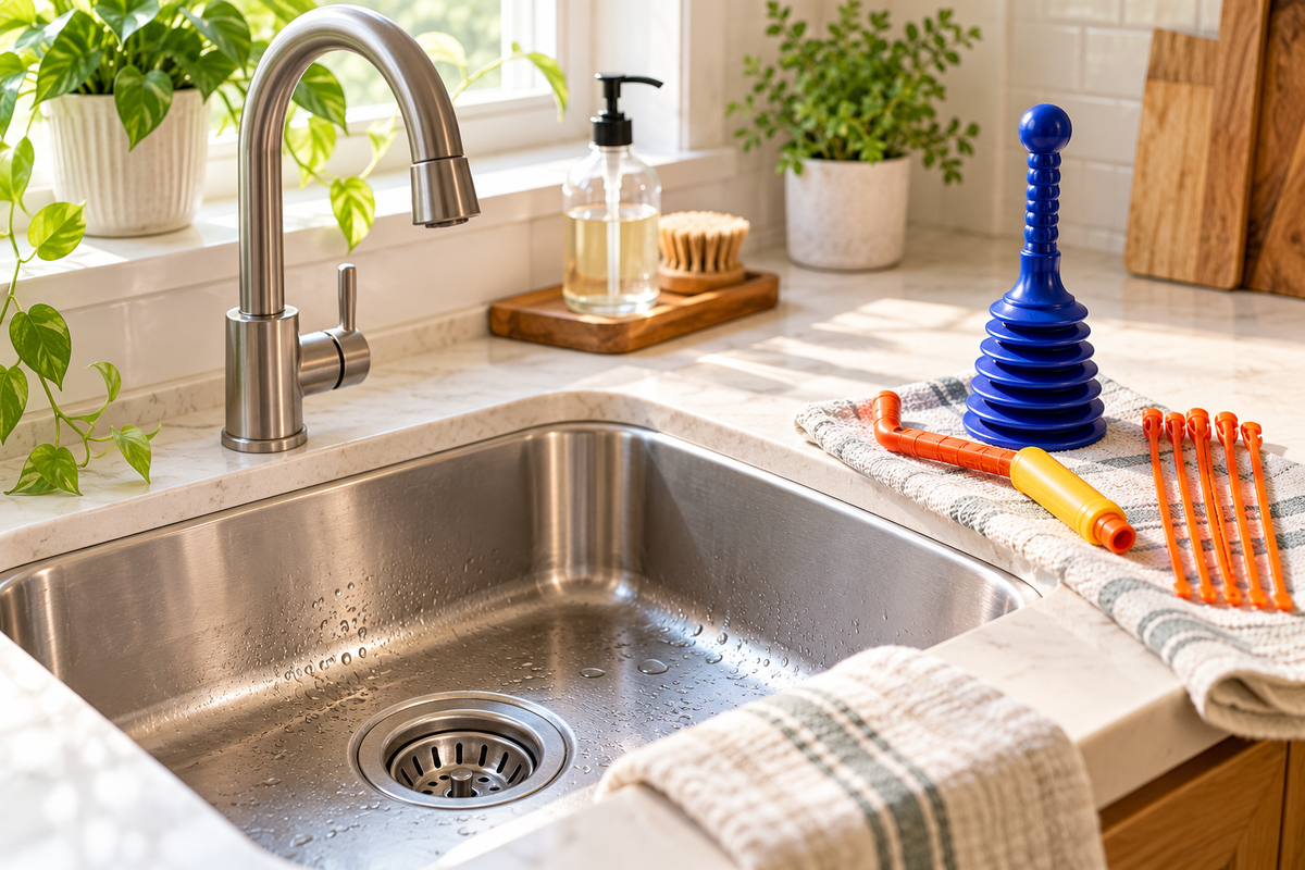 Bright, sunlit kitchen sink with a stainless steel faucet, drain snake, and blue sink plunger, illustrating ways to unclog drains without harsh chemical cleaners.
