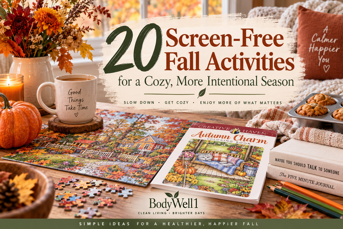 Cozy fall screen-free activity scene with an autumn puzzle, coloring book, warm drink, pumpkins, muffins, books, colored pencils, and fall decor, featuring the text “20 Screen-Free Fall Activities for a Cozy, More Intentional Season.”