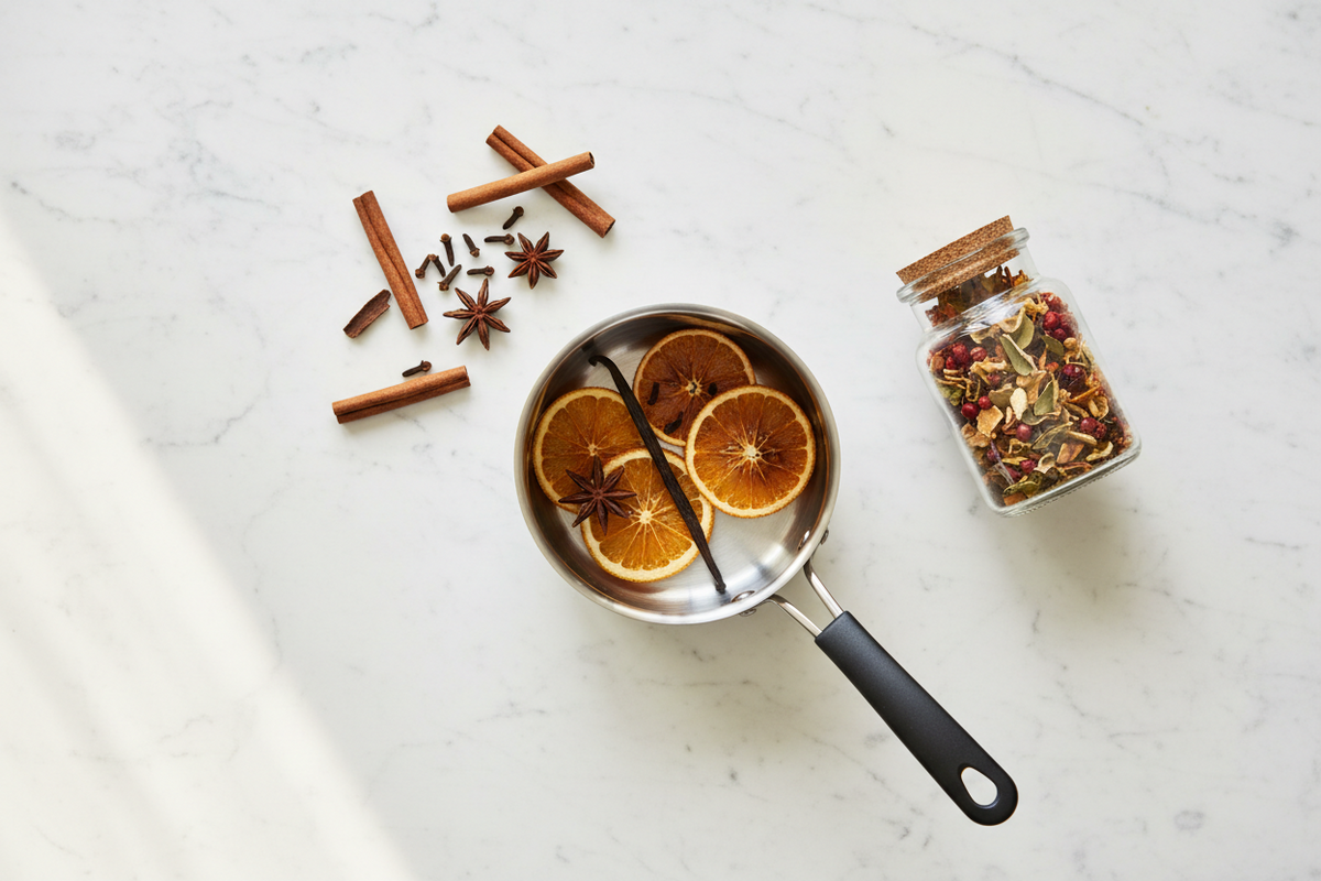 Flat lay of non-toxic fall simmer pot ingredients on white marble — cinnamon sticks, star anise, whole cloves, orange slices, vanilla bean, and a glass jar of dried botanicals