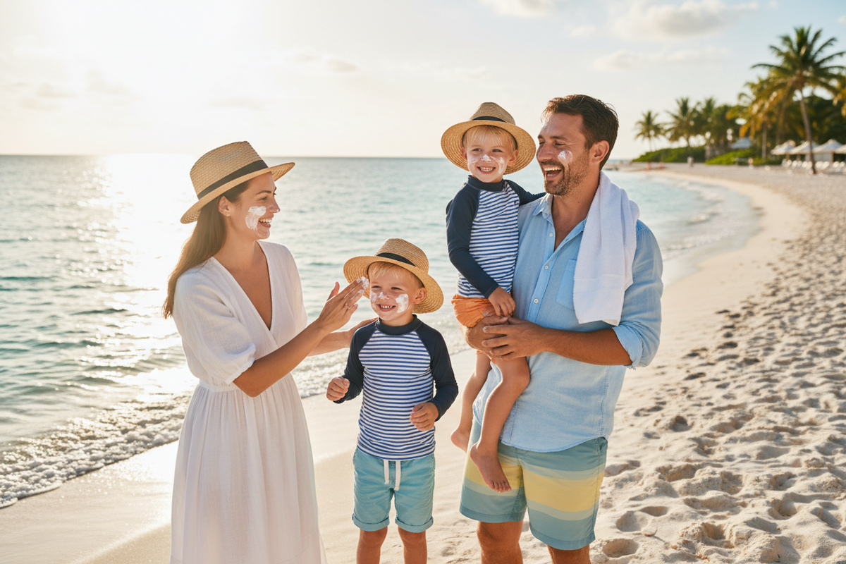 Here's your alt text for the family photo:  ``` Happy family at the beach applying non-toxic mineral sunscreen — mom, dad, and two young kids enjoying a sunny day with safe sun protection ```