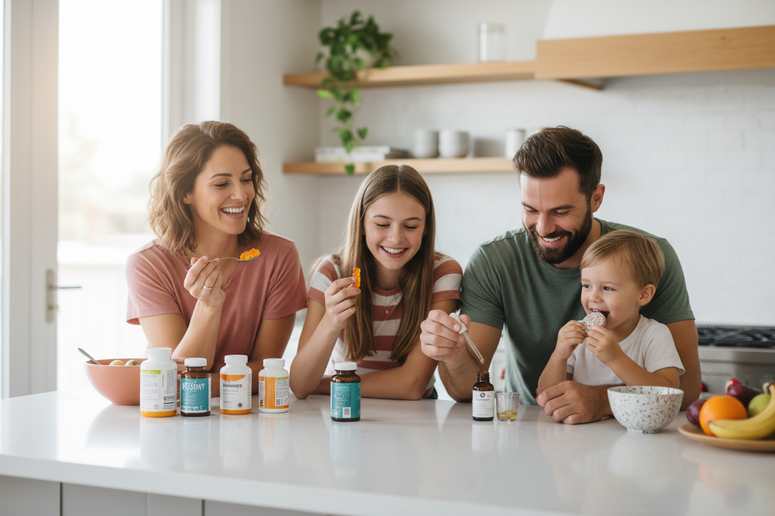 Happy family of four in a bright white kitchen each holding a different clean multivitamin format — gummy, liquid, capsule, and chewable — best clean multivitamins for the whole family — BodyWell1