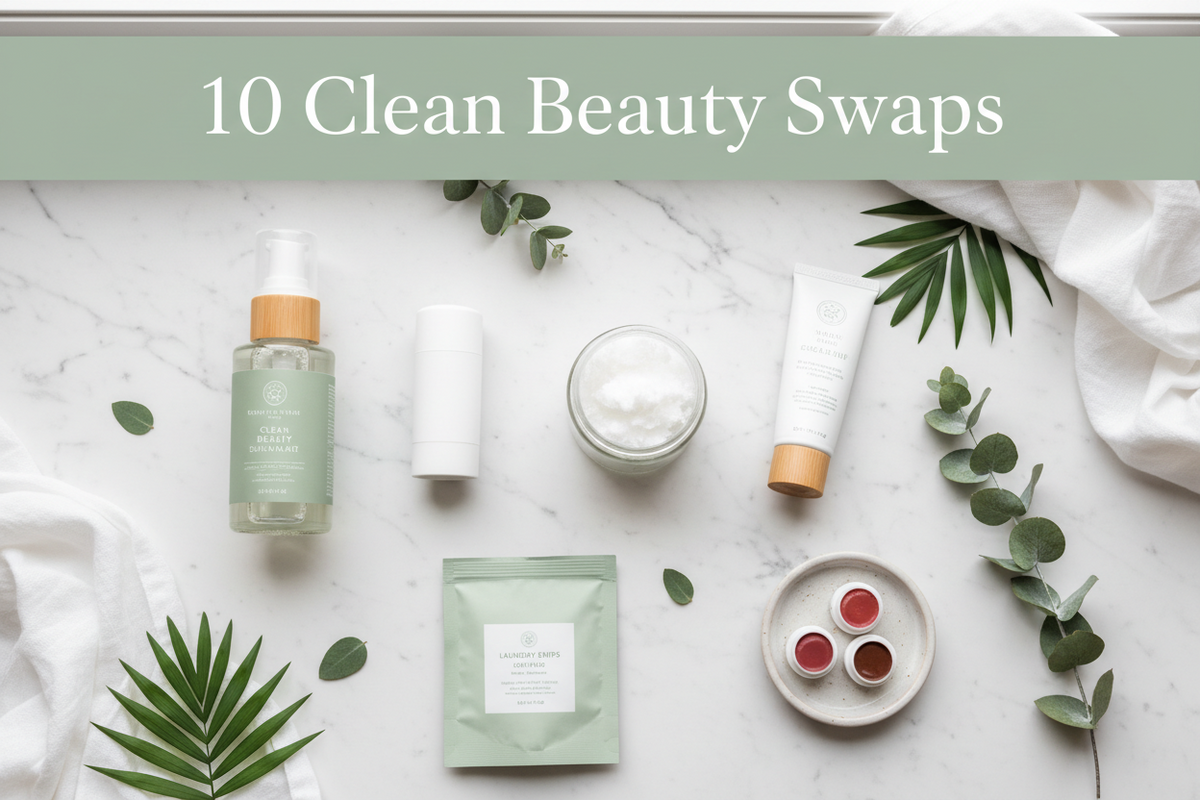  10 clean beauty product swaps flat lay on white marble with eucalyptus and green leaves — natural skincare and wellness products for a non-toxic routine