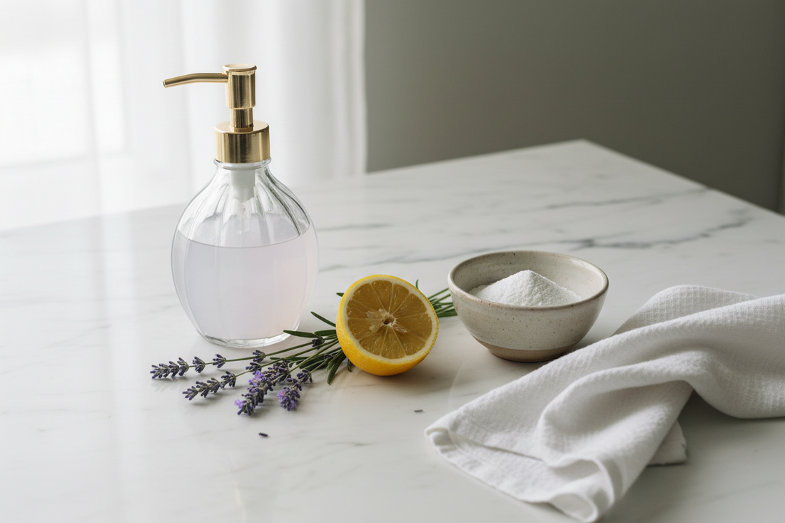 Homemade non-toxic dish soap ingredients on white marble — lavender castile soap, washing soda, fresh lavender, and lemon