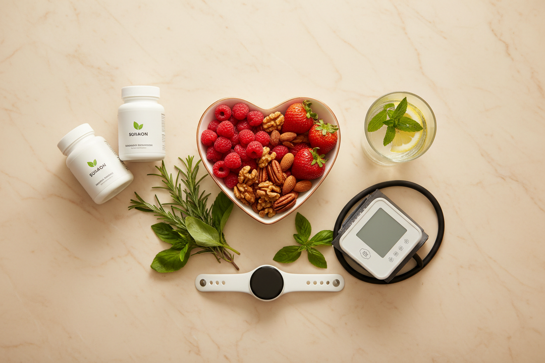 Warm marble flat lay for heart health — heart-shaped bowl of red berries and walnuts, white fitness tracker, blood pressure cuff, fresh green herbs, and clean supplement bottles for a natural cardiovascular wellness aesthetic at BodyWell1.com