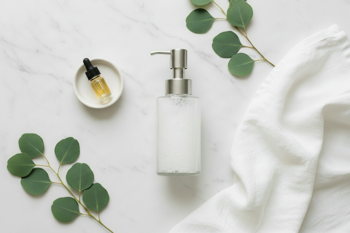 Flat lay of a clear glass foaming soap pump bottle, amber essential oil bottle, dropper dish, eucalyptus leaves, and white linen on a white marble surface — DIY non-toxic foaming hand soap ingredients