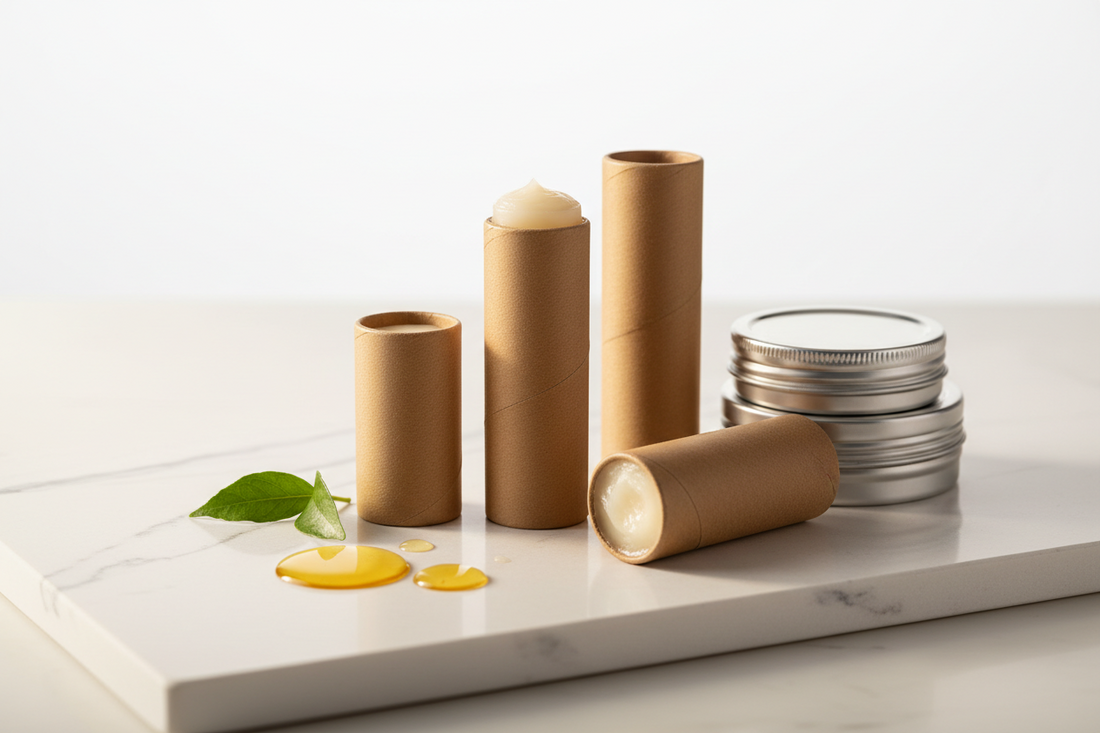 Organic lip balm tubes and tins on white quartz surface with jojoba oil drops and green leaf — clean non-toxic lip care by BodyWell1
