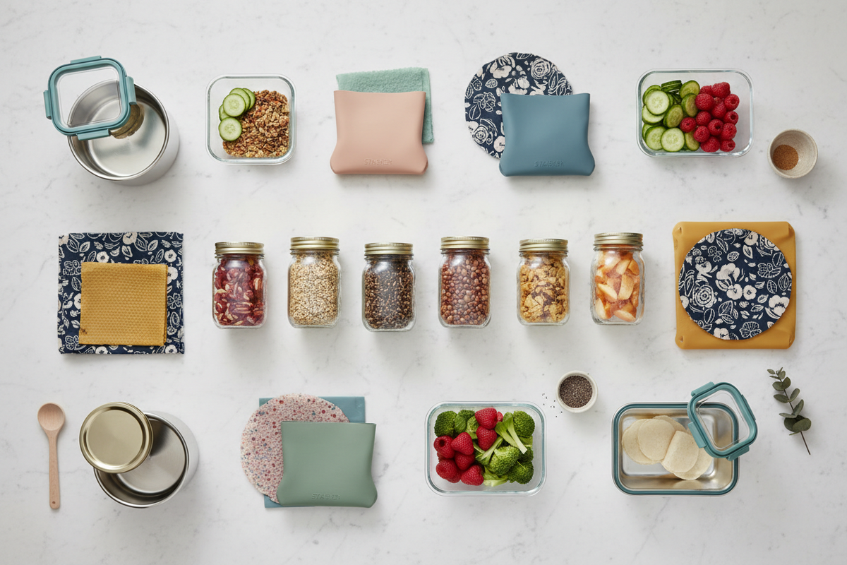 Flat lay of non-toxic food storage products on white marble including glass mason jars, borosilicate glass containers, silicone bags, beeswax wraps, and stainless steel containers