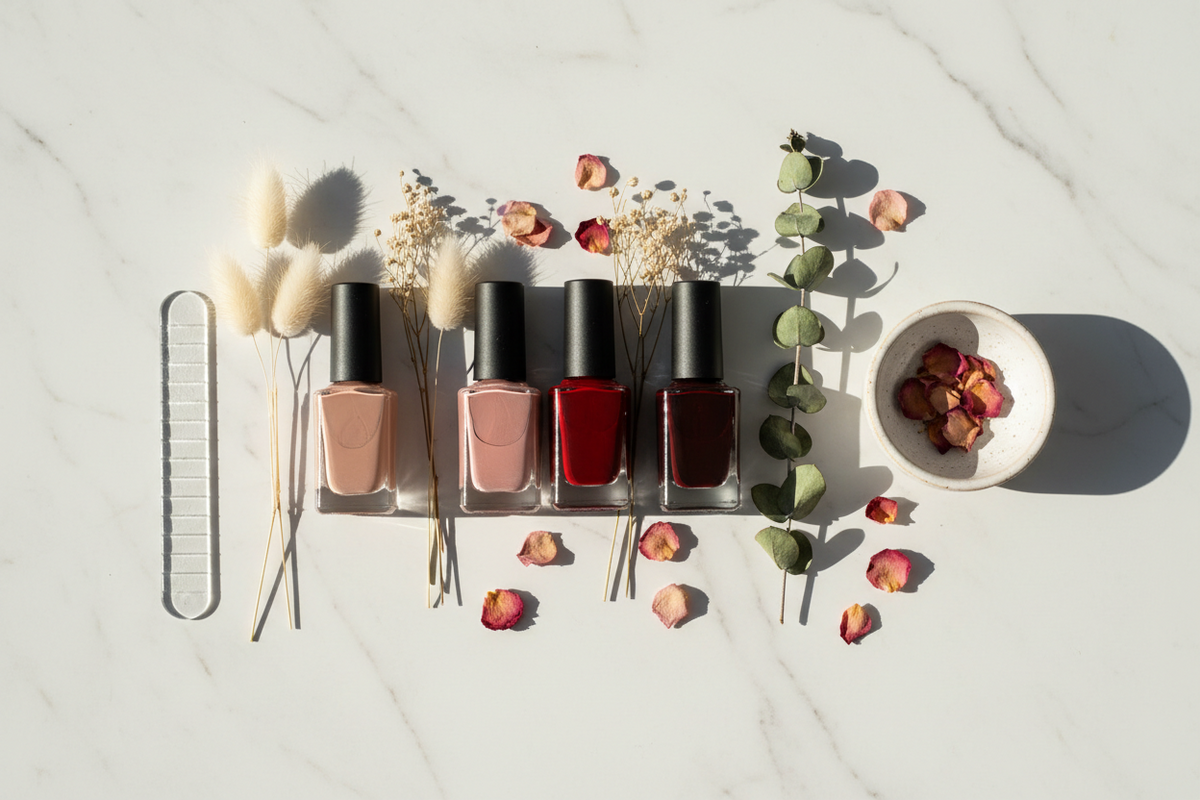 **Alt text for Option 1:**  `Flat lay of clean non-toxic nail polish bottles in nude, blush, red, and oxblood shades arranged with dried botanicals and a glass nail file on white marble — best non-toxic nail polish roundup 2026`