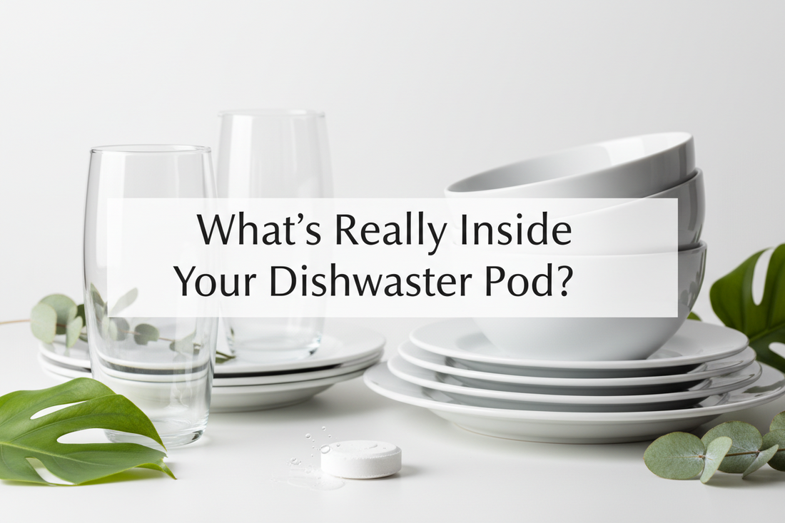 **Alt text for Option 2:**  `Sparkling clean white ceramic dishes, bowls, and glasses stacked neatly with a single white dishwasher tablet in front — non-toxic, eco-friendly dishwasher detergent for a cleaner home`