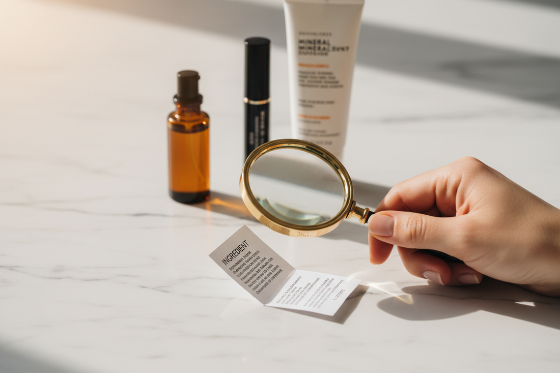 Woman holding magnifying glass over cosmetic product ingredient label with clean beauty products in background — toxic ingredients to avoid in skincare and personal care