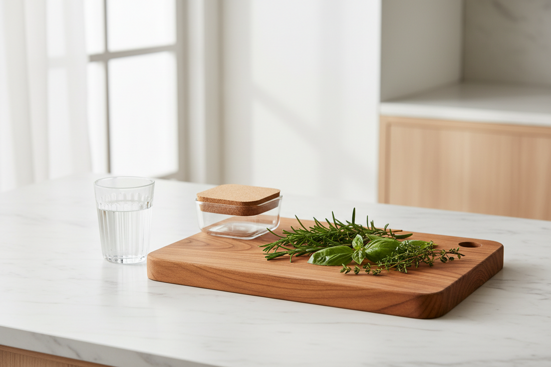 Clean plastic-free kitchen counter with a glass of water, glass food storage container, teak wood cutting board, and fresh herbs on white marble — non-toxic kitchen essentials — BodyWell1