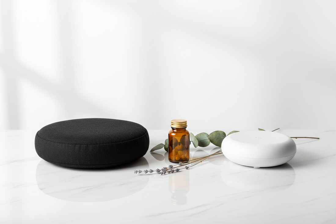 Clean wellness flat lay featuring a black meditation cushion, amber supplement bottle, white noise machine, and dried botanicals arranged on white marble — BodyWell1 Mental Wellness Collection