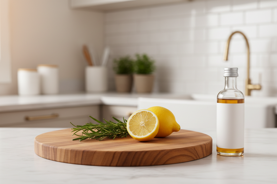 Four non-toxic cutting boards arranged on white marble with fresh herbs, lemon, and mineral oil — teak, maple, bamboo, and wood composite options for a clean kitchen — BodyWell1