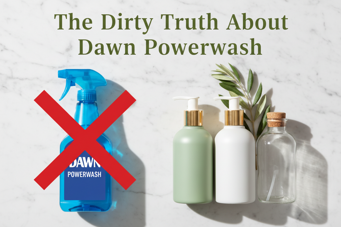 Blog hero image showing a blue dish spray bottle with a red X crossed over it next to three clean plant-based soap bottles on a white marble surface, with the title "The Dirty Truth About Dawn Powerwash" — non-toxic dish soap alternatives at BodyWell1.com