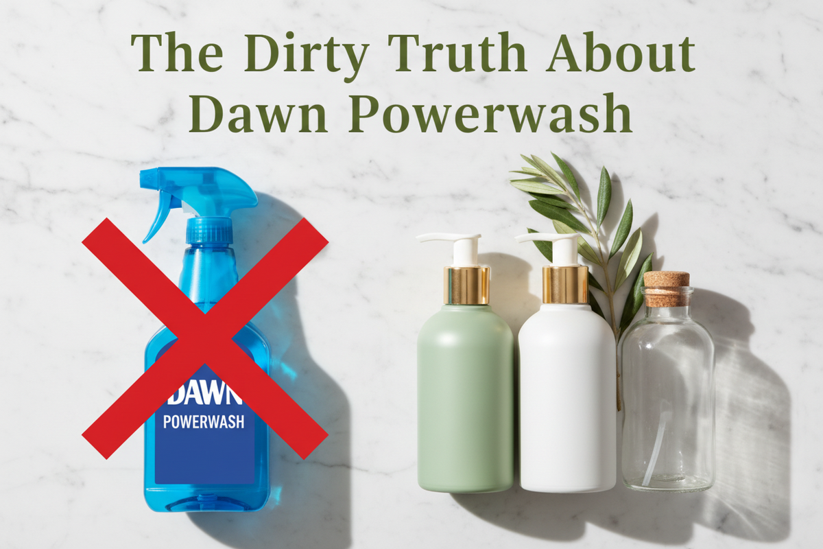 Blog hero image showing a blue dish spray bottle with a red X crossed over it next to three clean plant-based soap bottles on a white marble surface, with the title "The Dirty Truth About Dawn Powerwash" — non-toxic dish soap alternatives at BodyWell1.com