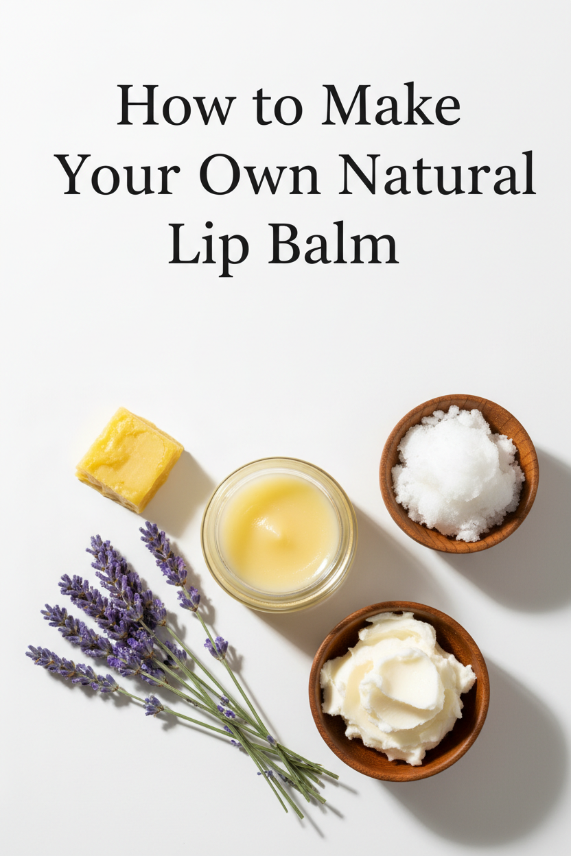 Homemade natural lip balm ingredients flat lay — beeswax, shea butter, coconut oil, and lavender on white background with text: How to Make Your Own Natural Lip Balm