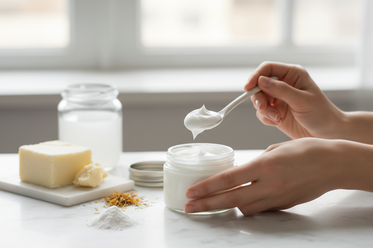 Here's your alt text for Option 2:  ``` Hands scooping homemade zinc oxide sunscreen from a glass jar surrounded by natural ingredients — DIY non-toxic sunscreen recipe with shea butter and coconut oil ```
