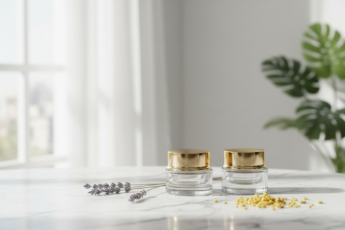 Small clear glass cosmetic jars filled with natural bug bite balm on white marble countertop, surrounded by dried lavender and beeswax — BodyWell1