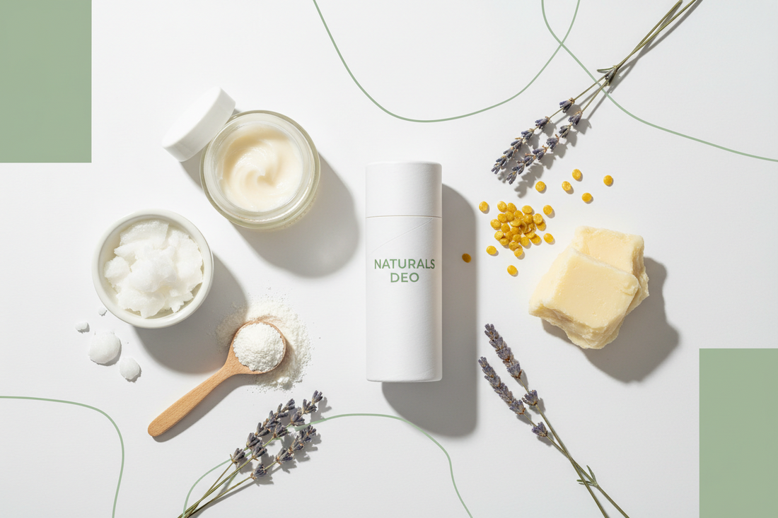 Natural deodorant ingredients flat lay — coconut oil, shea butter, arrowroot powder, beeswax, and lavender on white background for DIY natural deodorant recipe