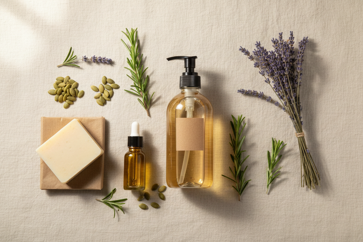 Homemade natural liquid shampoo in a glass bottle with argan oil, rosemary, and pumpkin seeds on cream linen — clean DIY haircare recipe