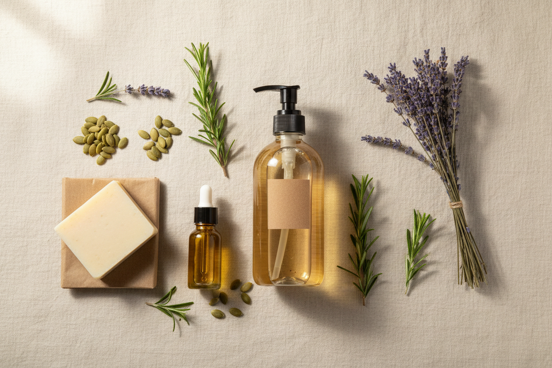 Homemade natural liquid shampoo in a glass bottle with argan oil, rosemary, and pumpkin seeds on cream linen — clean DIY haircare recipe