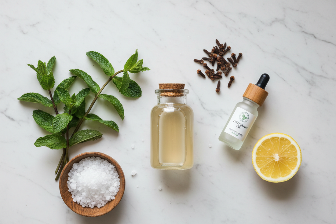 A clean flat lay of homemade mouthwash ingredients on white marble — glass jar, fresh peppermint, sea salt, cloves, and essential oils in soft natural light