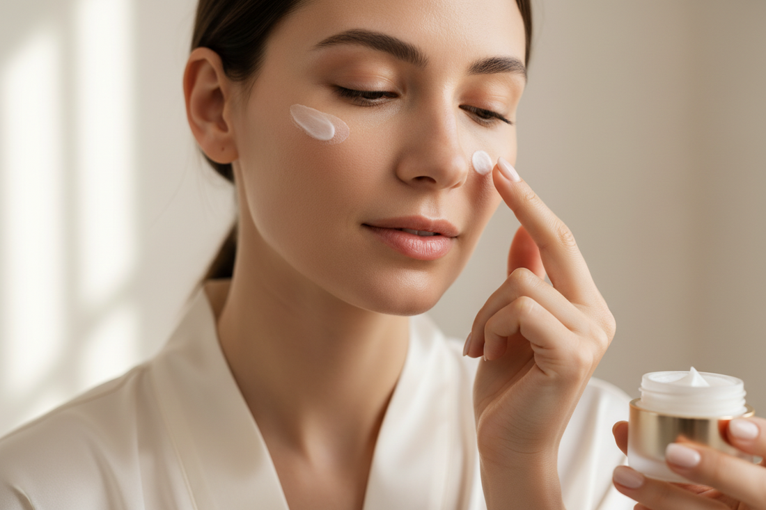 Woman applying non-toxic eye cream with ring finger in soft natural light — BodyWell1