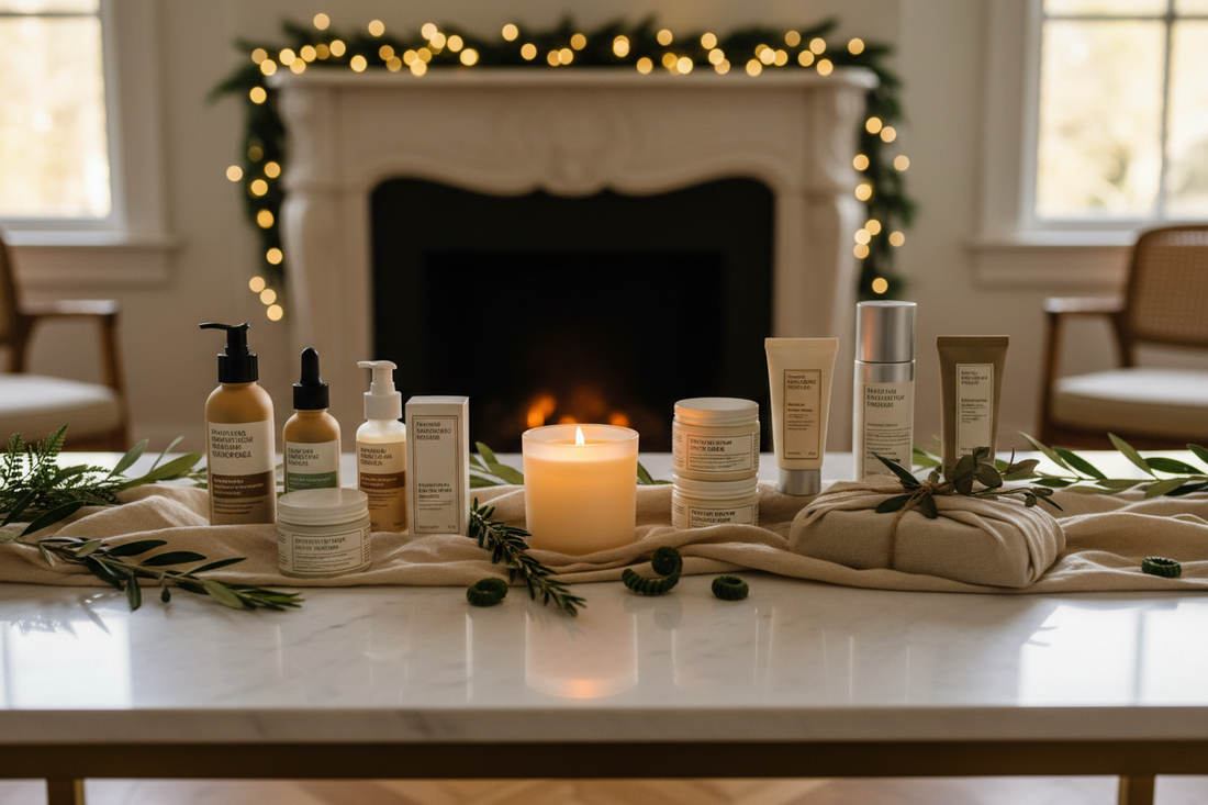 Curated non-toxic holiday gifts styled on white marble with glowing beeswax candle, clean skincare sets, organic linen and green botanicals in warm golden light — BodyWell1