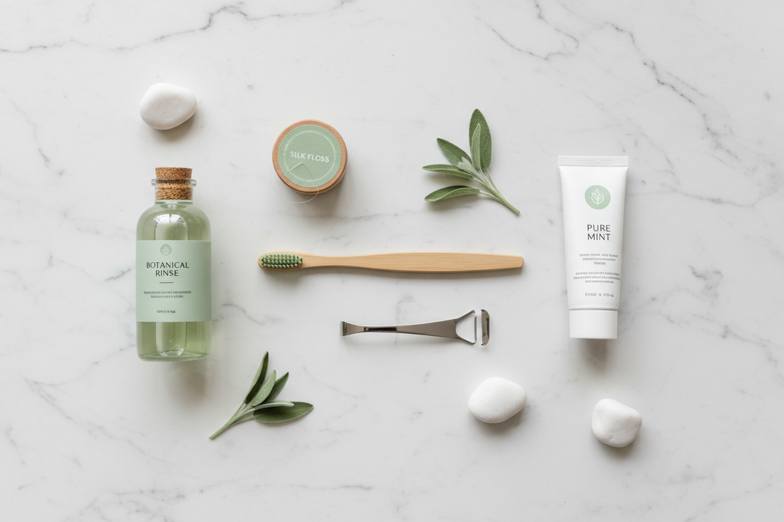 Non-toxic oral care routine flat lay featuring a bamboo toothbrush, natural toothpaste, stainless steel tongue scraper, glass mouthwash bottle, and natural dental floss on a white marble surface