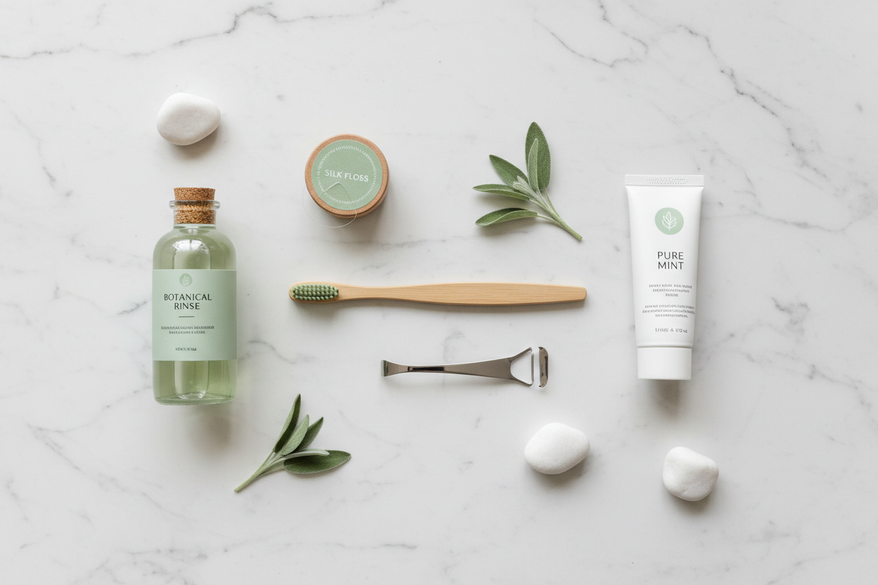 Non-toxic oral care routine flat lay featuring a bamboo toothbrush, natural toothpaste, stainless steel tongue scraper, glass mouthwash bottle, and natural dental floss on a white marble surface