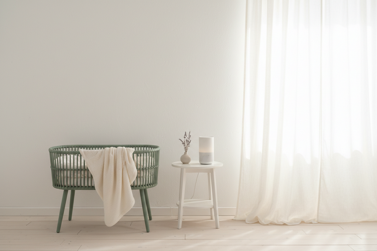 Serene minimal nursery corner with sage green bassinet, white organic cotton sheets, soft natural light through sheer curtain, small white noise machine on nightstand, and lavender sprig on white background.