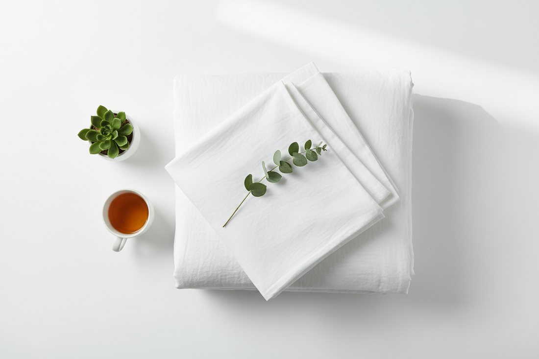 White organic cotton bedding folded with eucalyptus sprig and green plant on white background — best organic mattresses 2026 guide — BodyWell1