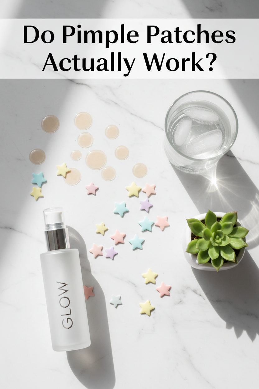 Hydrocolloid pimple patches and colorful star-shaped acne patches flat lay on white marble surface with green succulent and skincare bottle — BodyWell1