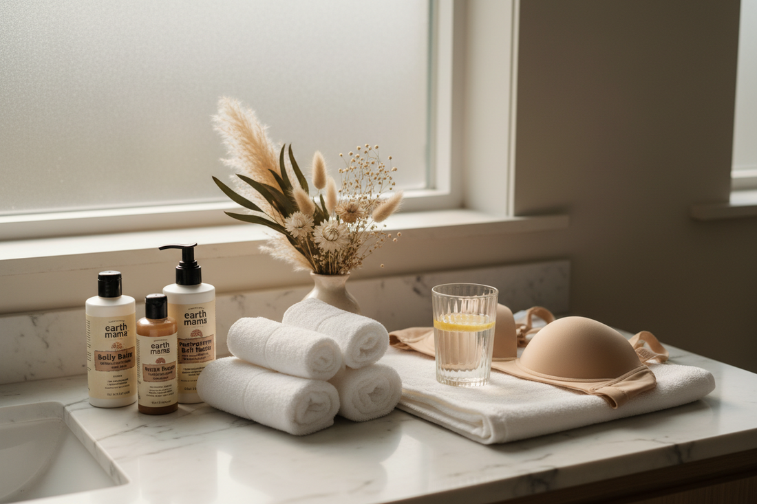 Clean postpartum recovery essentials arranged on a white marble bathroom counter — organic skincare products, soft white towels, dried botanicals, and a neutral nursing bra in warm natural light`
