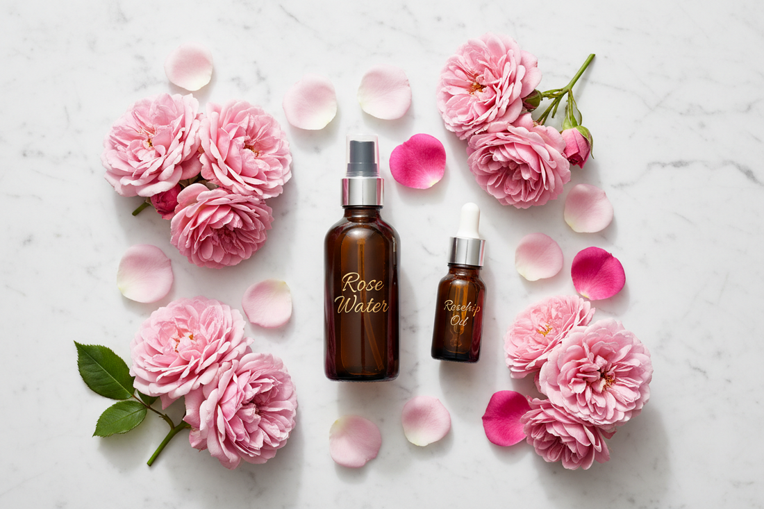 Fresh pink Bulgarian Damask roses and rose petals on white marble with a dark amber glass spray bottle and rosehip face oil dropper — clean beauty rose water skincare flat lay