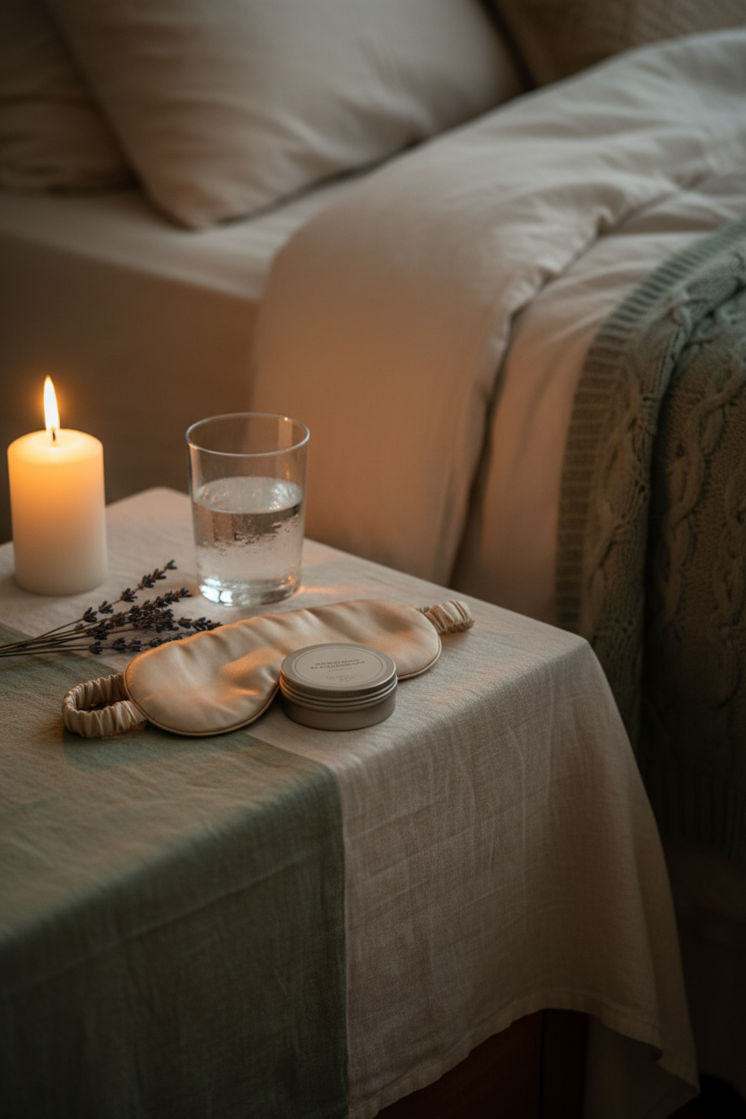 Spa-inspired bedroom flatlay with a silk sleep mask, lavender sprigs, organic balm tin, and warm candlelight on a linen nightstand — non-toxic sleep products for a cleaner bedtime routine
