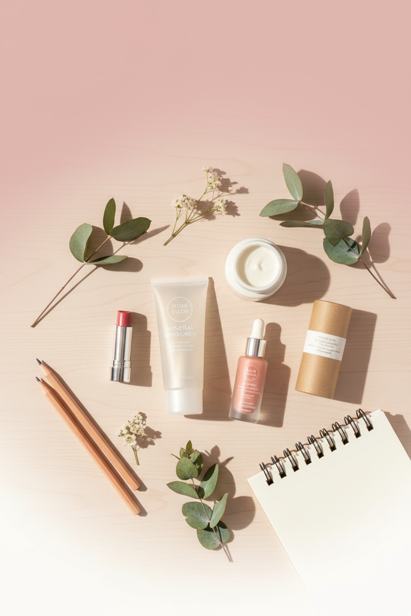 Flat lay of clean teen beauty products on a blush pink background with pencils, a notebook, and fresh botanicals — sunscreen, moisturizer, tinted lip balm, liquid blush, and natural deodorant for a back-to-school clean beauty routine — BodyWell1.com