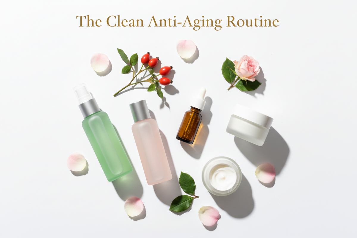 Flat lay of premium clean anti-aging skincare products including a green cleanser, pink toner, serum dropper, and moisturizer jar styled with rosehip sprigs and rose petals on a white background