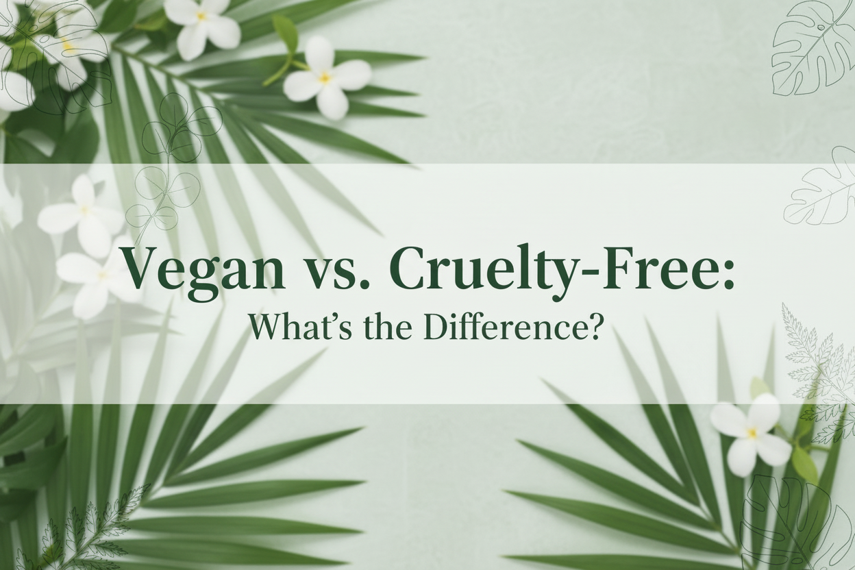 Lush green tropical leaves and white flowers on a sage green background with the text "Vegan vs. Cruelty-Free: What's the Difference?" — a clean beauty blog post by BodyWell1