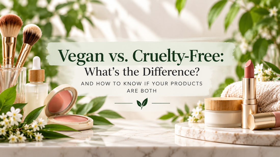 Vegan vs. cruelty-free beauty guide with makeup and skincare products, explaining the difference between the two product labels.