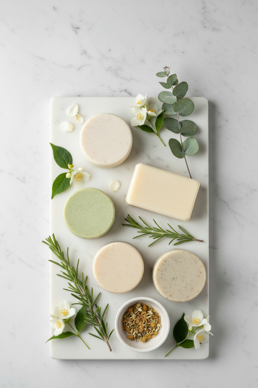 Natural shampoo bars with botanicals on white marble — clean, plastic-free hair care
